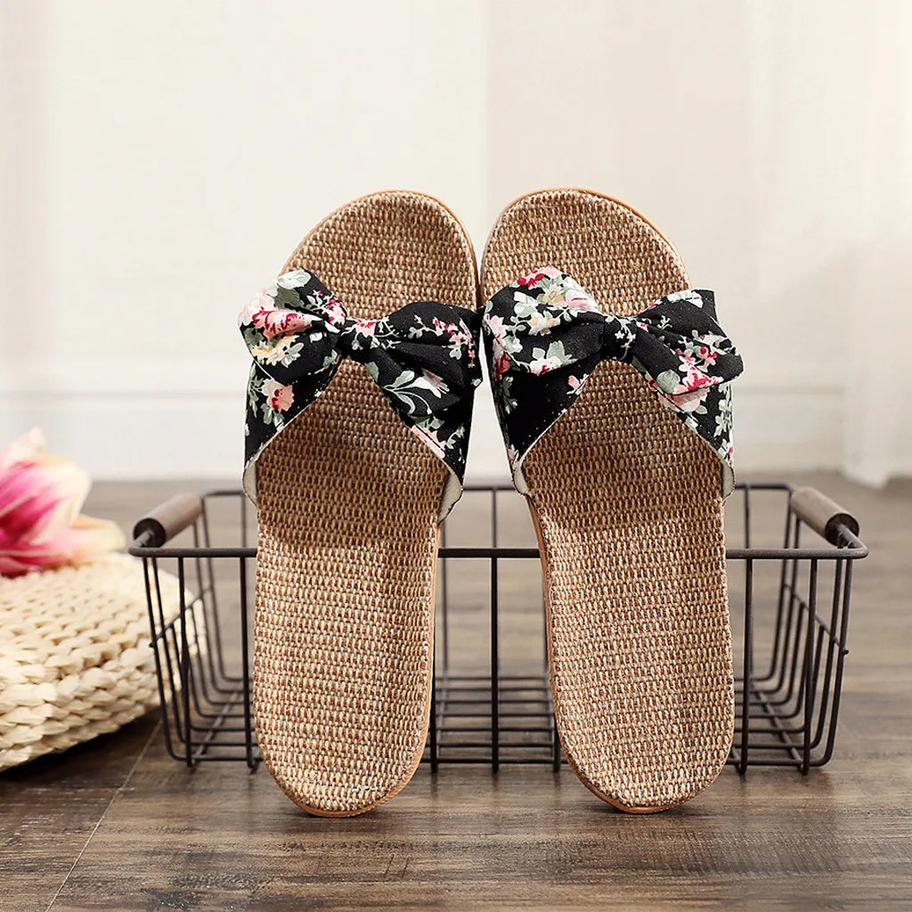 Quick Drying Bowknot Linen Flip Flops