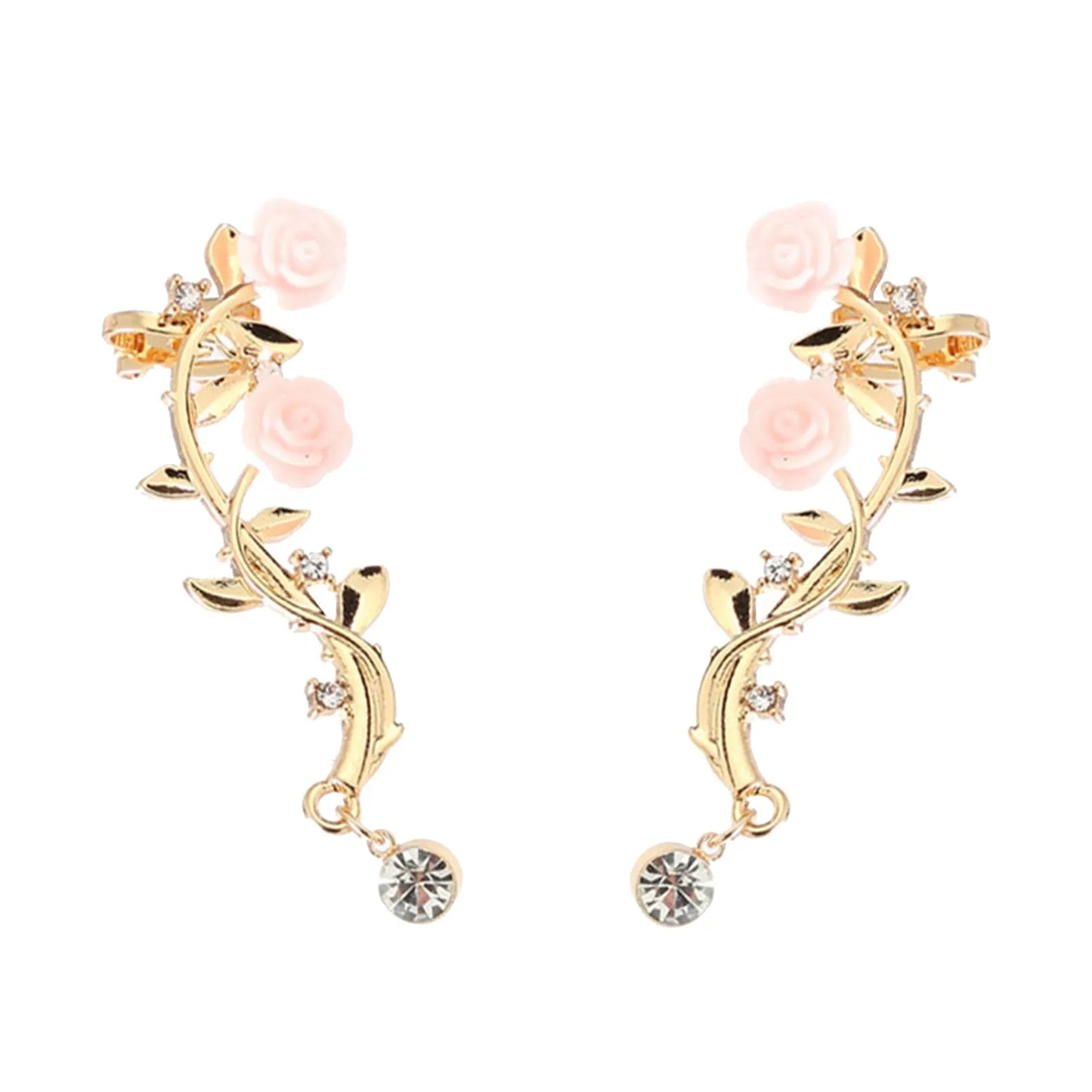 Vintage Rose Flower Branch Rhinestone Climber Earrings