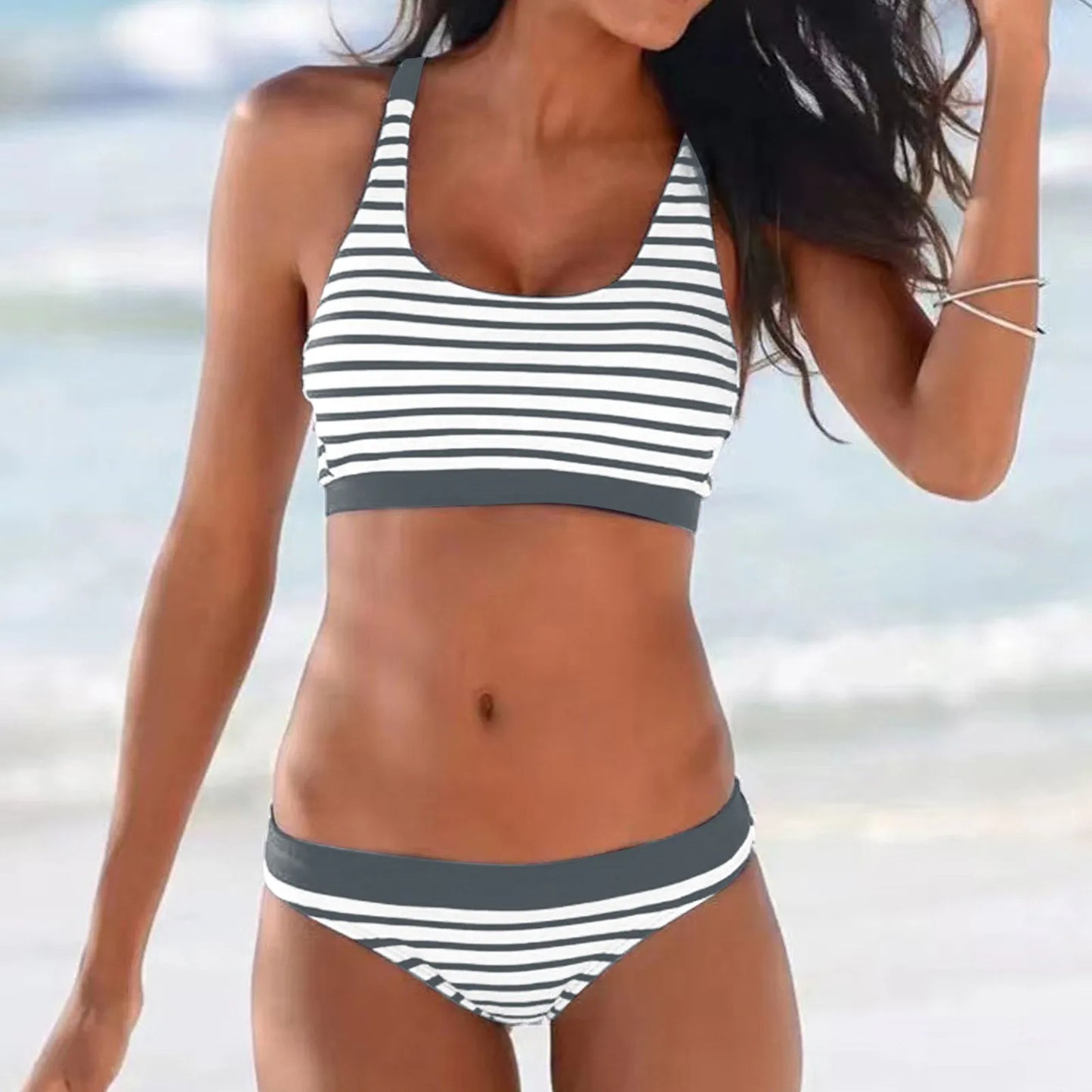 Striped Print Low Waisted Push Up Two Piece Bikini