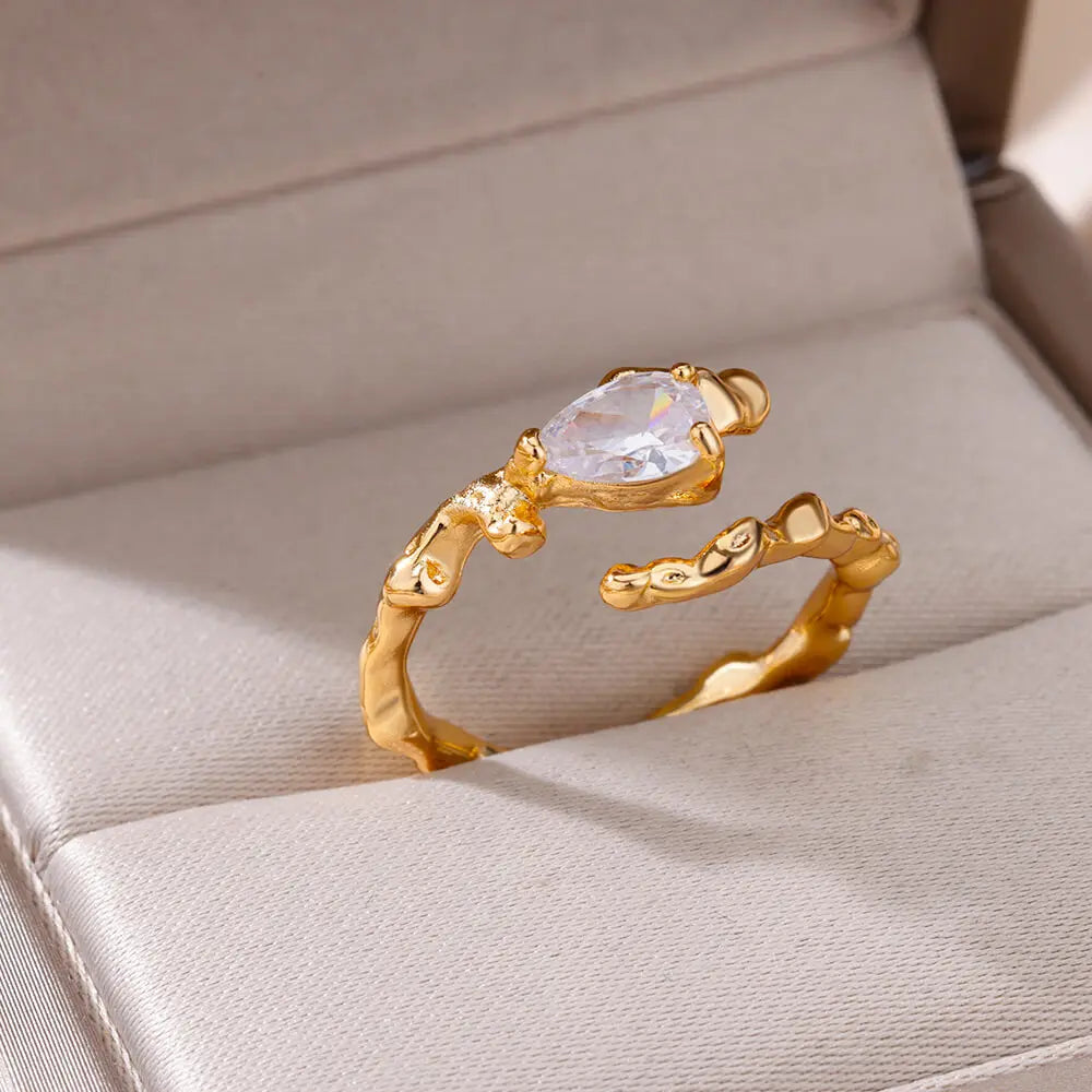 Zircon Rings For Women Stainless Steel Adjustable Hollow Irregular Liquid Heart Rings