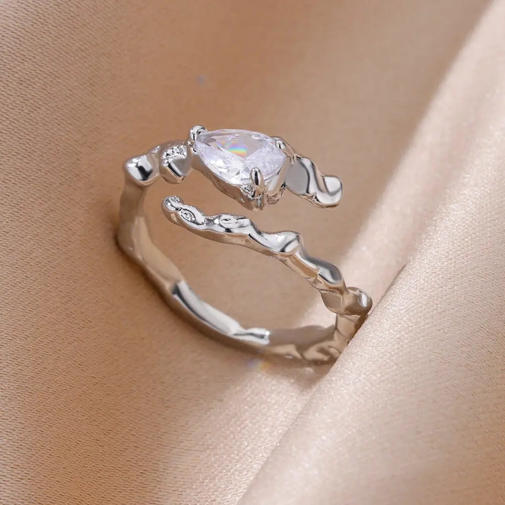 Zircon Rings For Women Stainless Steel Adjustable Hollow Irregular Liquid Heart Rings