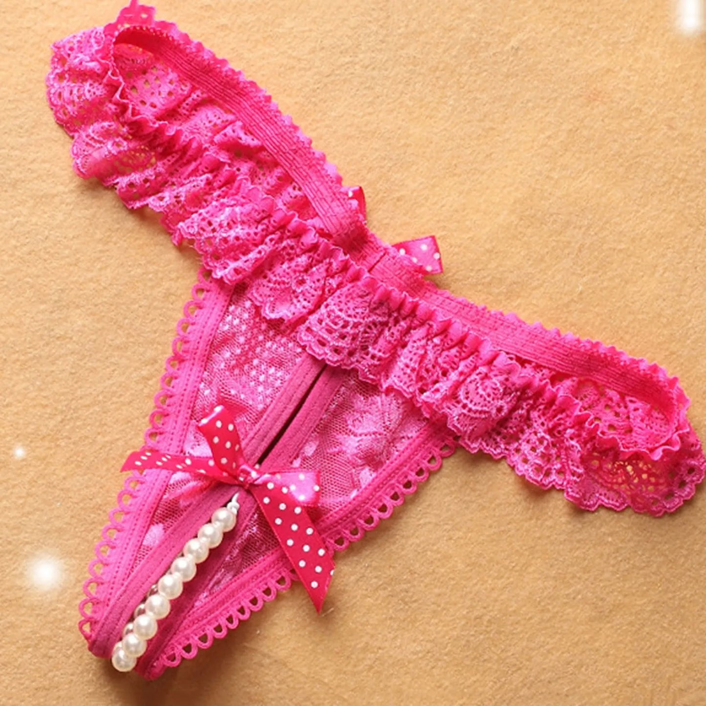 Floral Edge Pearl Ball Lace Crotchless Thongs