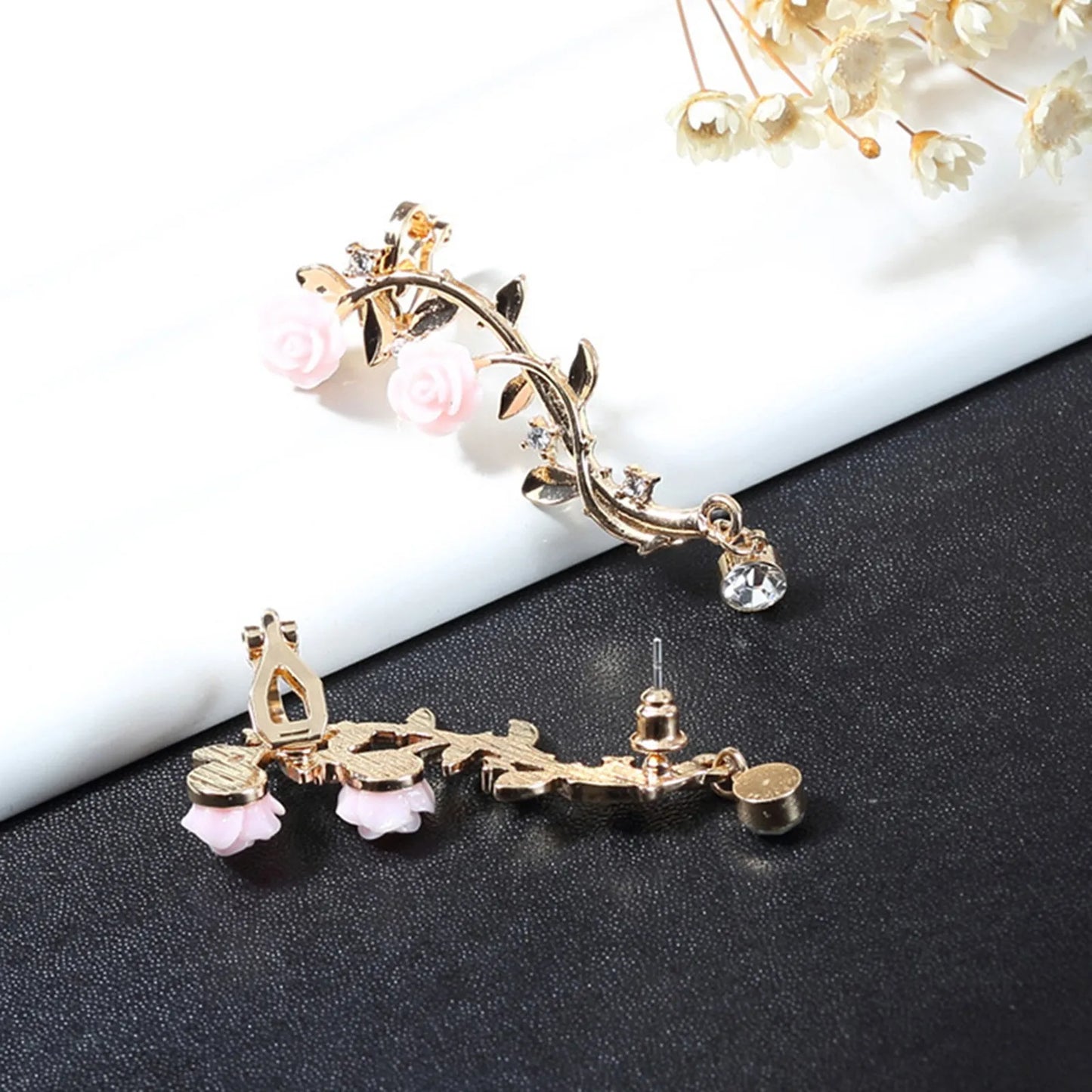 Vintage Rose Flower Branch Rhinestone Climber Earrings