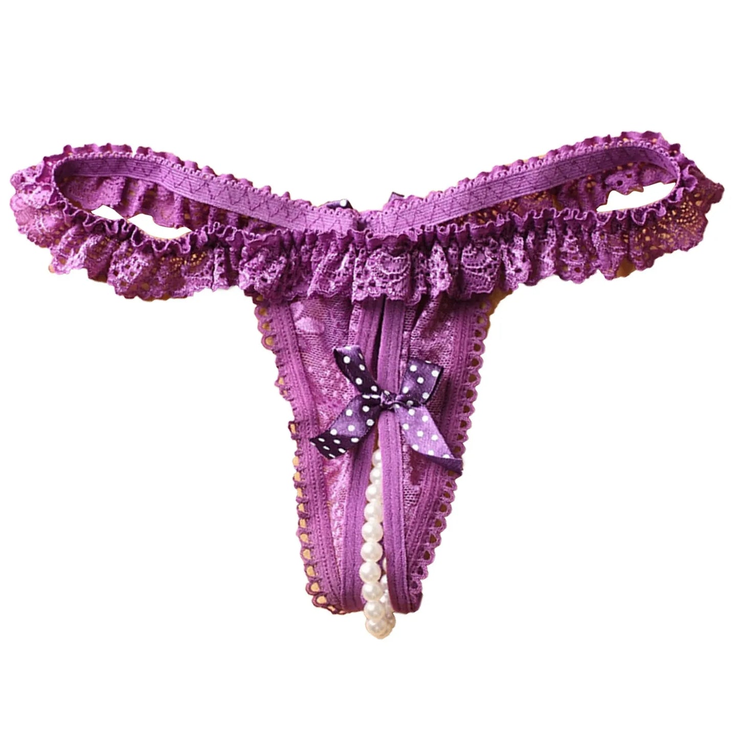 Floral Edge Pearl Ball Lace Crotchless Thongs