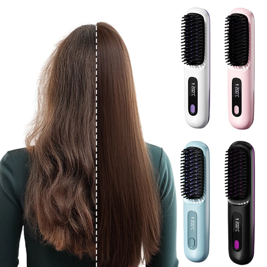 Cordless Rechargeable 3 Temp Heat Brush Electric Hot Comb Settings 160-200C° Portable Straightening Comb Hair Styling Tools