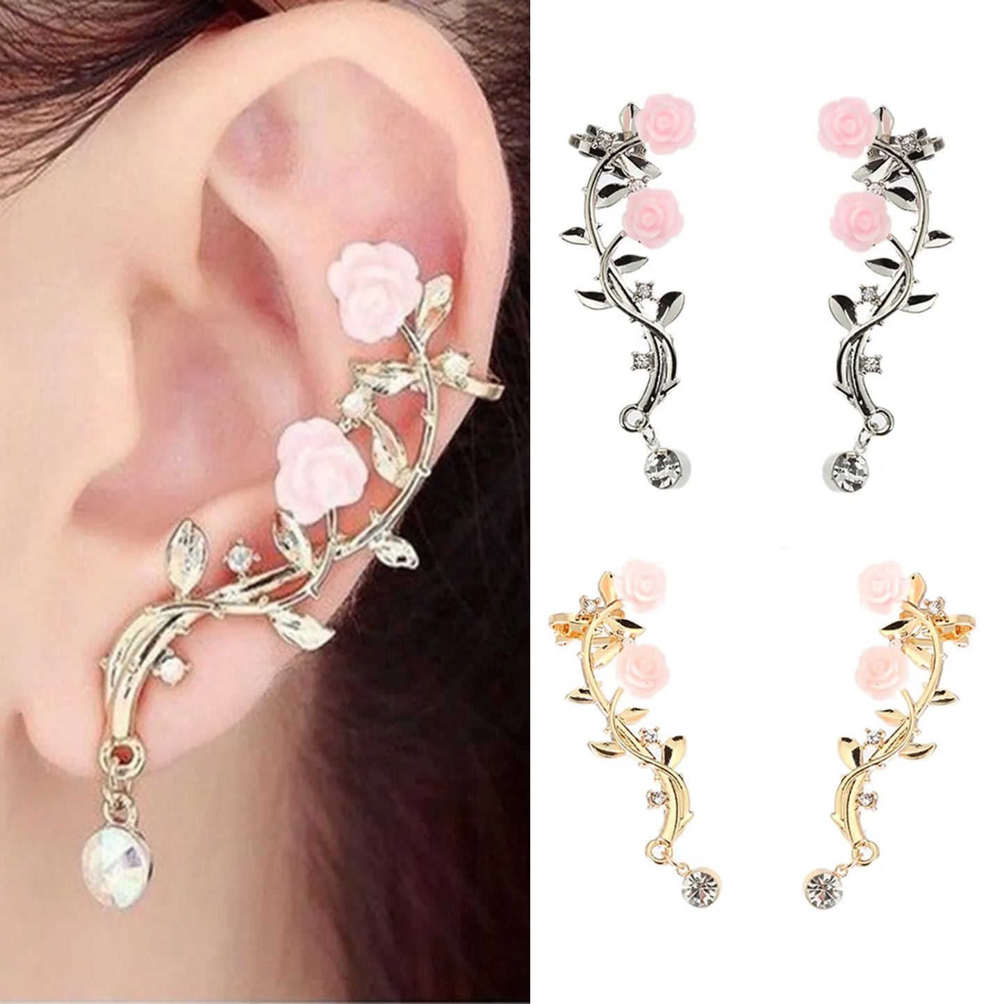 Vintage Rose Flower Branch Rhinestone Climber Earrings