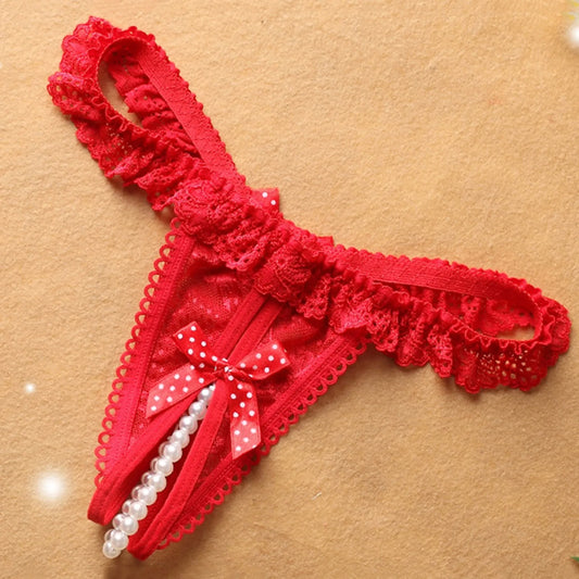 Floral Edge Pearl Ball Lace Crotchless Thongs