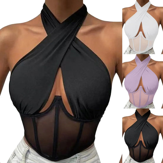 Sleeveless Fishbone Corset Vest Backless Summer Halter Cropped Top