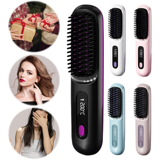 Cordless Rechargeable 3 Temp Heat Brush Electric Hot Comb Settings 160-200C° Portable Straightening Comb Hair Styling Tools