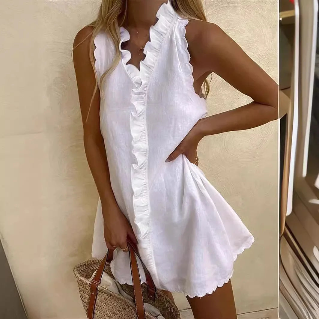White Ruffled Sleeveless Boho Beach Mini Dress