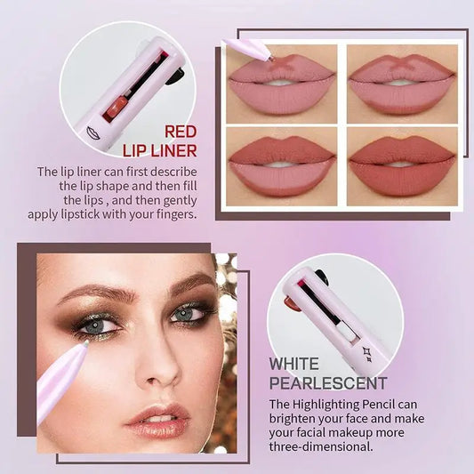4 In 1 Makeup Pen,4 Colors Multi-Function Makeup Beauty Pen,Portable Eyebrow Eyeliner Lip Liner Highlight Eye Makeup Pen,Waterproof Long Lasting Eye Makeup Tool
