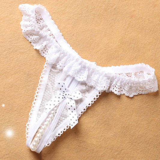 Floral Edge Pearl Ball Lace Crotchless Thongs
