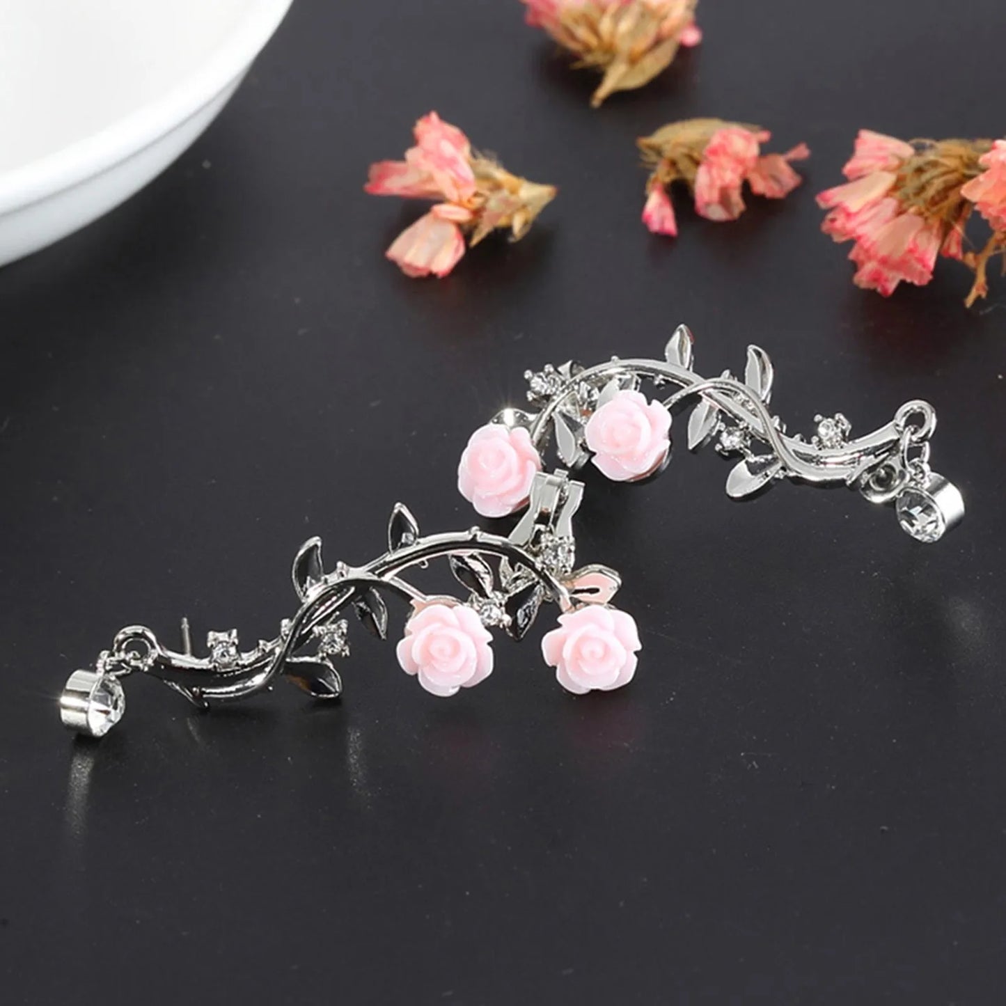 Vintage Rose Flower Branch Rhinestone Climber Earrings
