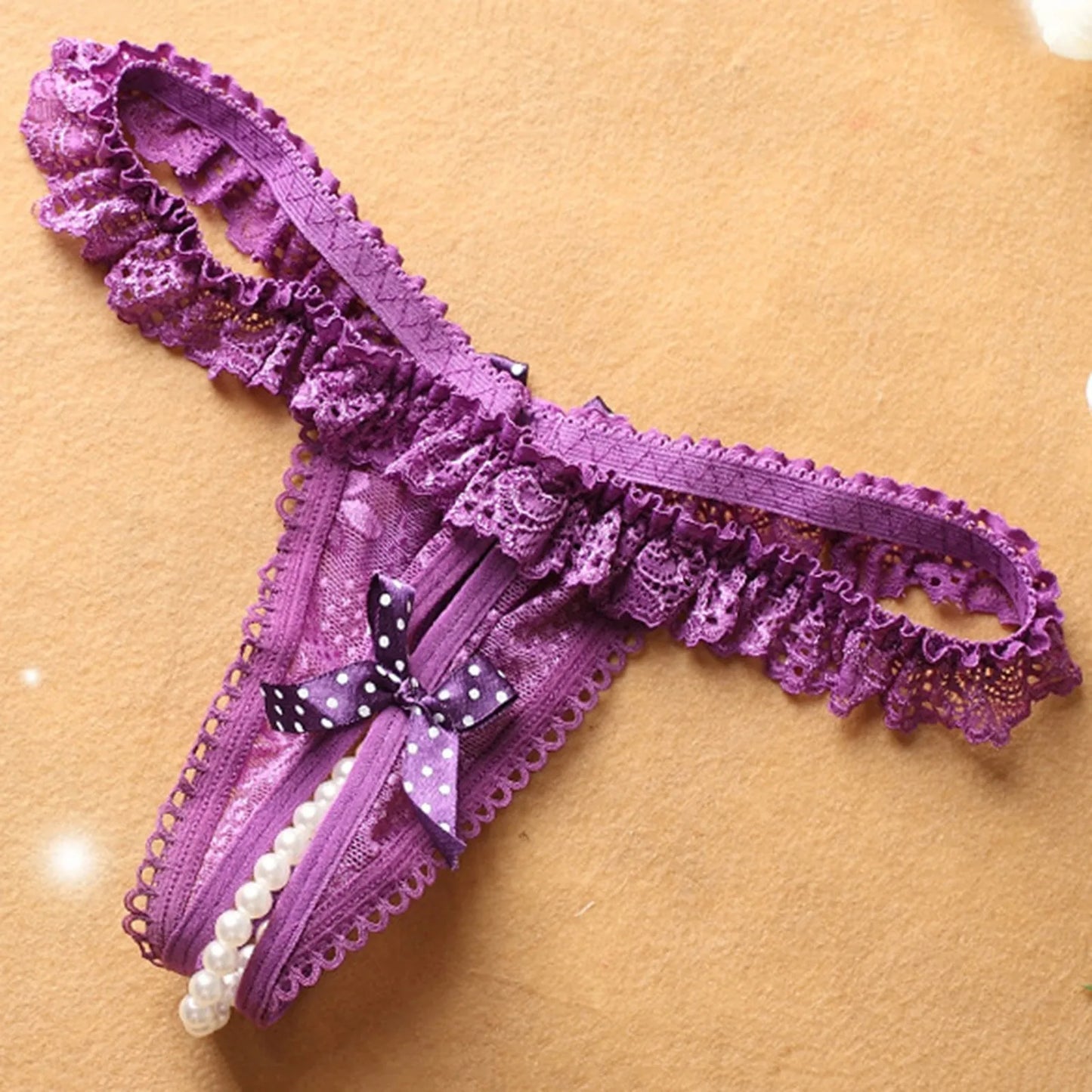 Floral Edge Pearl Ball Lace Crotchless Thongs