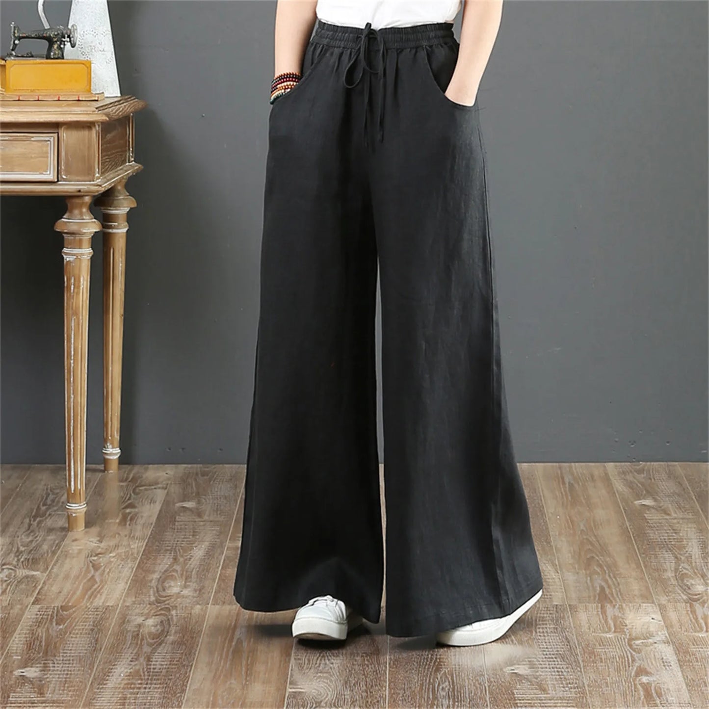 High Waisted Floor Length Loose Fit Trousers