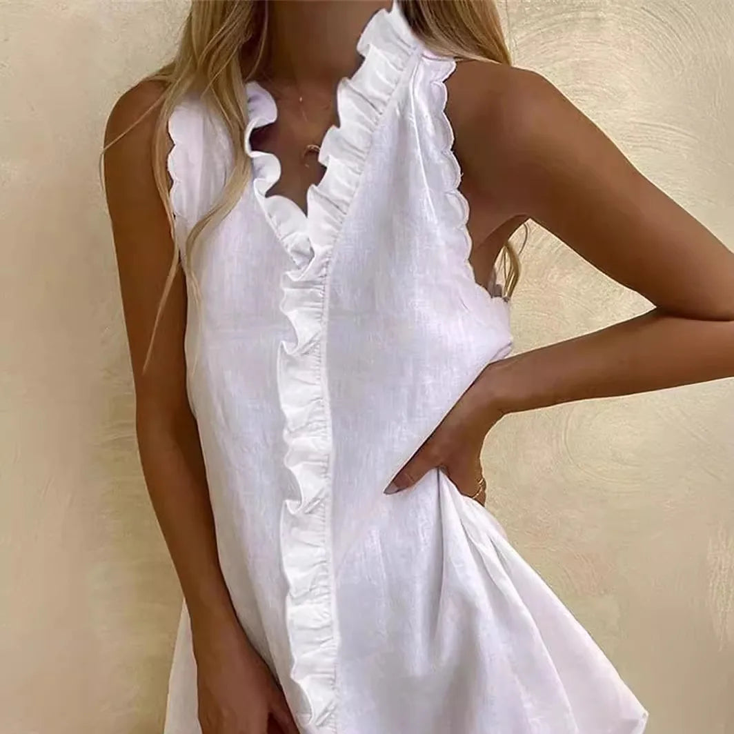 White Ruffled Sleeveless Boho Beach Mini Dress