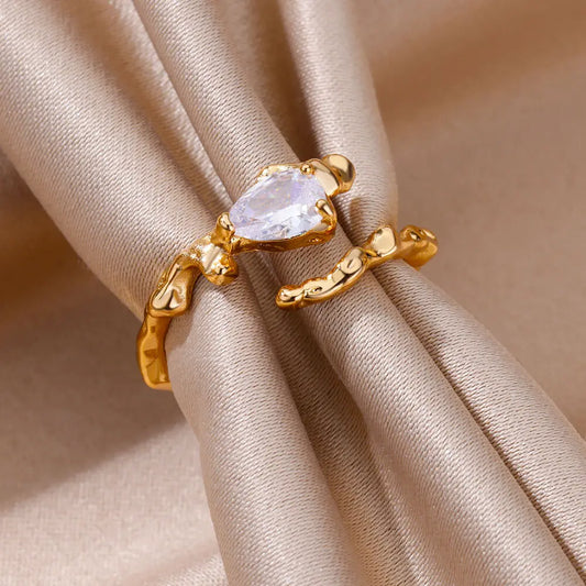 Zircon Rings For Women Stainless Steel Adjustable Hollow Irregular Liquid Heart Rings