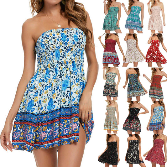 Strapless Summer Floral Print Boho Beach Sundress