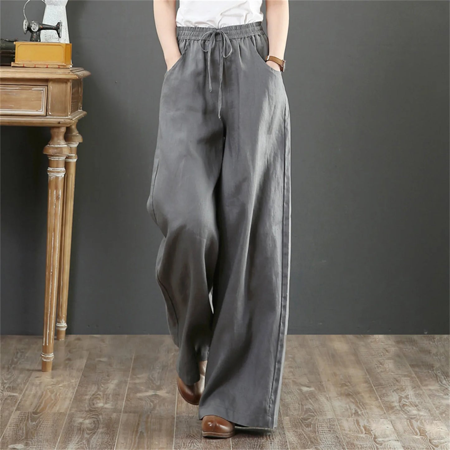 High Waisted Floor Length Loose Fit Trousers