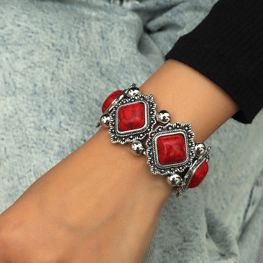 Beaded Hand Chain Bracelet Ethnic Style Retro Alloy Turquoise Elastic Bohemian Bracelets