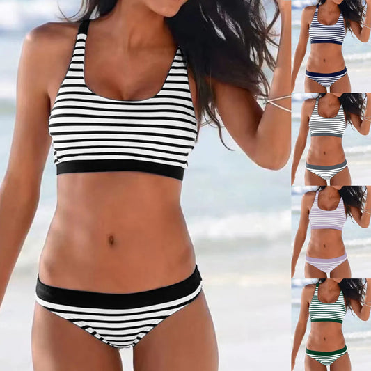 Striped Print Low Waisted Push Up Two Piece Bikini