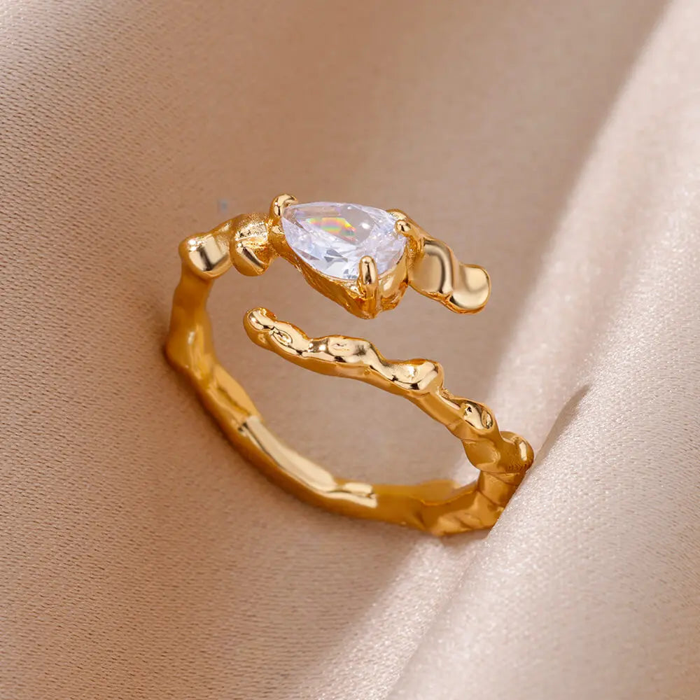 Zircon Rings For Women Stainless Steel Adjustable Hollow Irregular Liquid Heart Rings