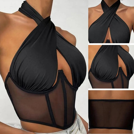 Sleeveless Fishbone Corset Vest Backless Summer Halter Cropped Top