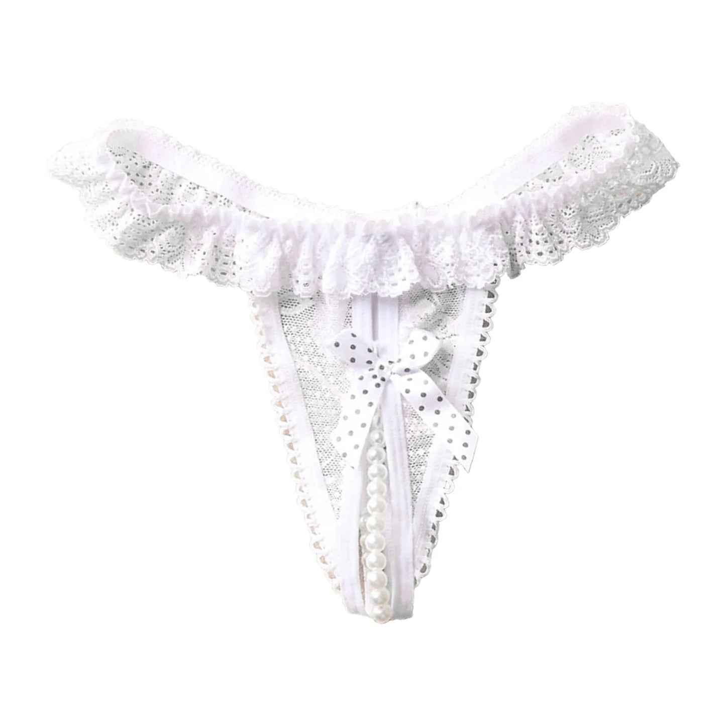 Floral Edge Pearl Ball Lace Crotchless Thongs