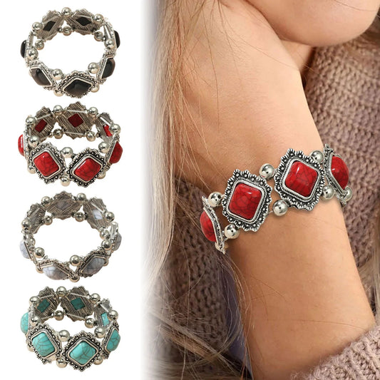 Beaded Hand Chain Bracelet Ethnic Style Retro Alloy Turquoise Elastic Bohemian Bracelets