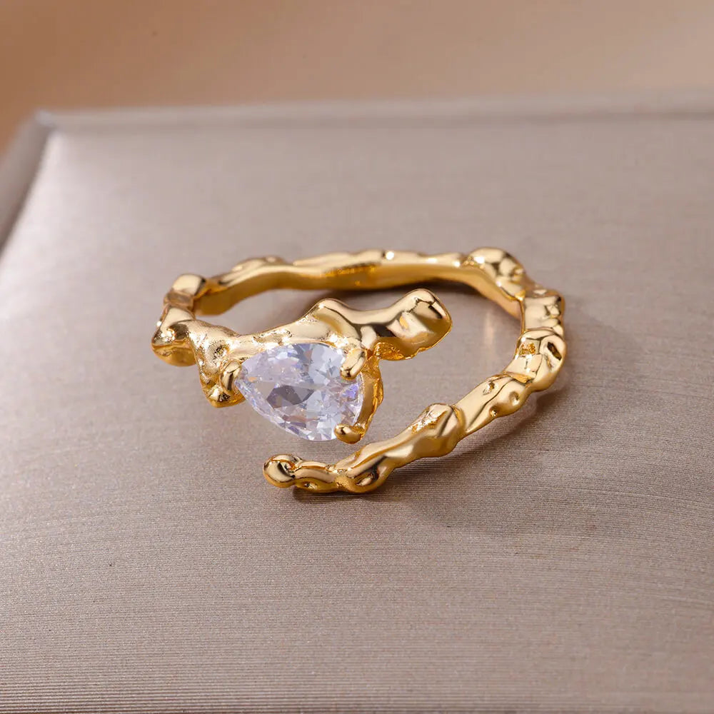 Zircon Rings For Women Stainless Steel Adjustable Hollow Irregular Liquid Heart Rings